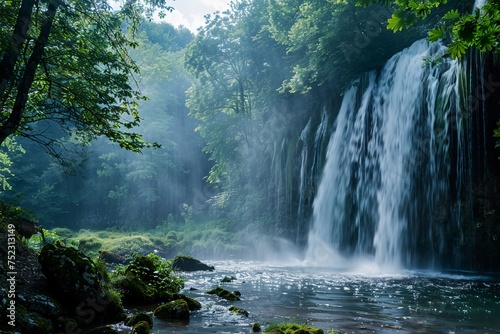 Serene Beauty  Majestic Waterfall Surrounded by Lush and Tranquil Nature