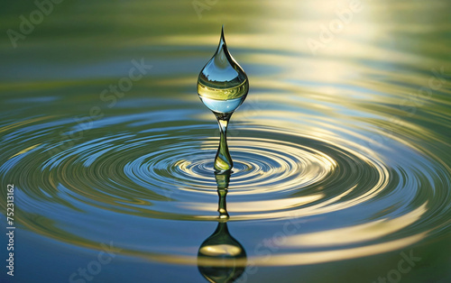 A water droplet creates ripples as it falls into a pond