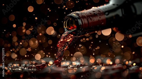 A bottle of red wine being tilted, its contents cascading into waiting glasses, the pour a symbol of celebration and fine dining, AI Generative
