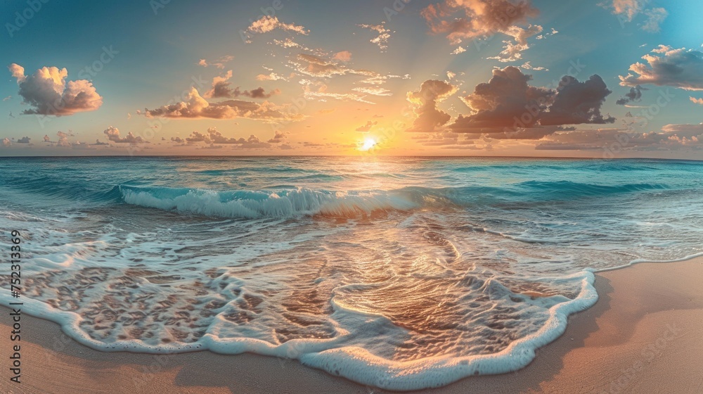 A breathtaking sunrise over Cancun's pristine beach, AI Generative - obrazy, fototapety, plakaty 