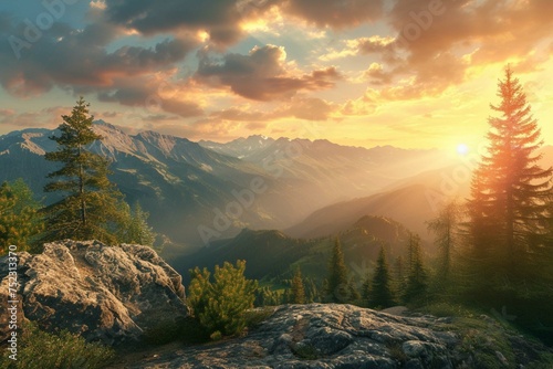 Breathtaking panorama of evening wild nature high in mountains