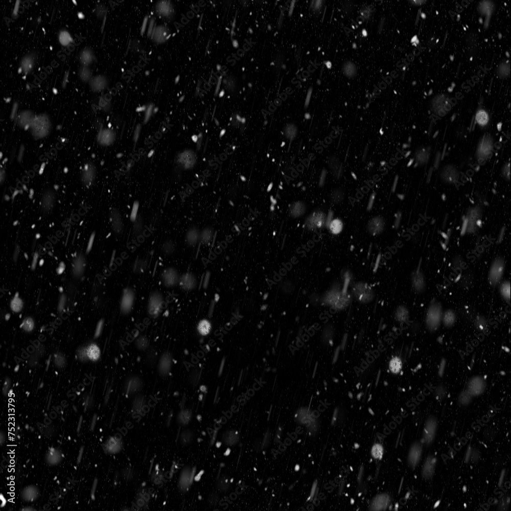 Falling down white snowflakes on black background. Isolated snowfall, snow design element. Snowstorm texture..shot of flying snowflakes in the air.