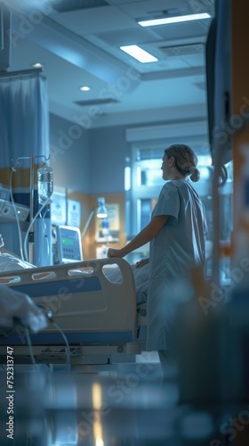 A woman stands in a hospital room next to a bed where a doctor and patient are present.