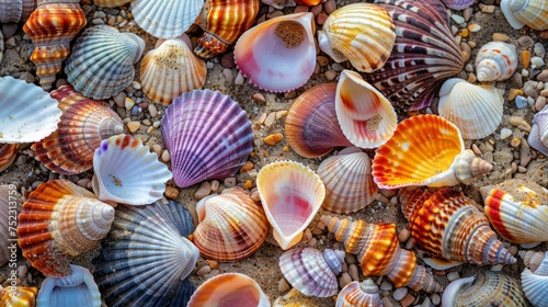 A collection of colorful seashells scattered across the sun-kissed sands of a peaceful beach. Each shell tells a story of the ocean s depth and beauty  AI Generative