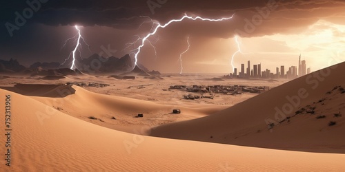 Art depicting desert and sand dunes background city of lightning and thunderclouds. photo