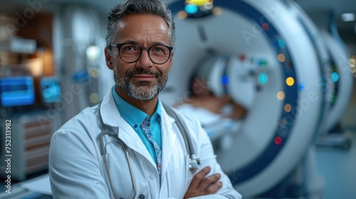 Close-up of doctor standing close-up and blurred patient and CT scanner in background.