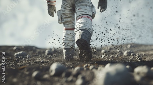 A hyper-realistic astronaut in a meticulously detailed suit explores the moon's crater-filled landscape The image captures the weightlessness of lunar gravity, AI Generative