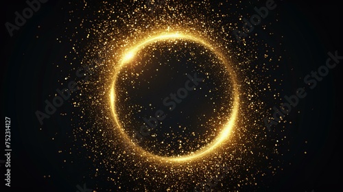 A hyper-realistic gold glitter circle, intense light shine, dense golden sparkles tightly packed in a perfect circle frame, against a deep black background, AI Generative