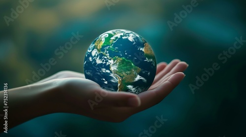A hyper-realistic image of a woman's hand gently holding the Earth, conveying a powerful message of save planet, Earth Day, sustainable living, AI Generative