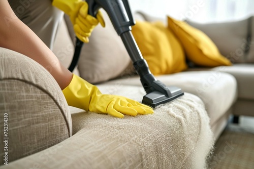 Cleaning service company employee removing dirt from furniture in flat with professional equipment. Female housekeeper arm cleaning sofa with washing vacuum cleaner close up. High quality photo