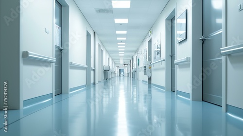 A minimalist design of a hospital corridor, with strategic blur to emphasize the medical equipment and signage, modern and sleek Created Using minimalist design, strategic blur, AI Generative