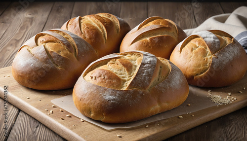 Fresh homemade breads made with sourdough on a wooden board