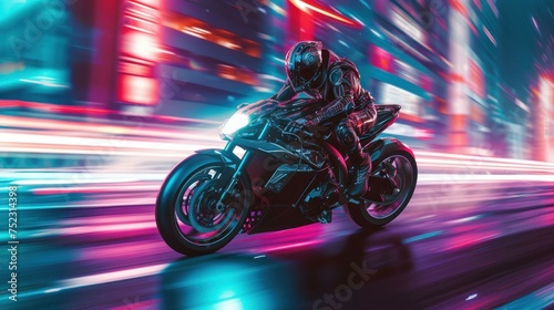 A photorealistic image of a cyberpunk man riding a sleek motorbike, neon-lit Japanese highway at night, city lights blur past Lighting neon signs, vibrant colors, AI Generative