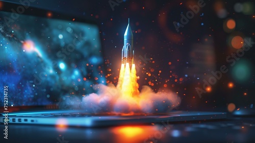A vivid and hyper-realistic depiction of a launching space rocket emerging from a laptop, blurring the lines between digital innovation and space travel The laptop sits on a desk, AI Generative