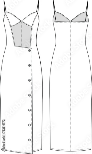 spaghetti shoulder straps sleeveless strappy low cut buttoned  sweetheart neck midi body-con dress template technical drawing flat sketch cad mockup fashion woman design style model denim jean
