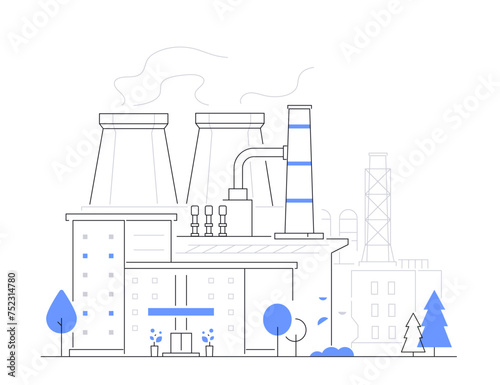 City factory - modern line design style illustration on white background. Composition with manufacturing plant located within a residential area. Smoking pipes, industrial architecture