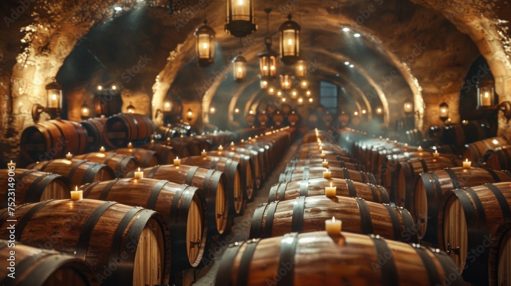 A traditional Italian wine cellar, with rows of wooden barrels under the soft glow of lantern light, AI Generative