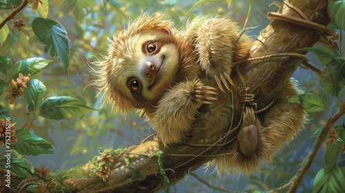 Adorable baby sloth cradled in the crook of a tree, its gentle gaze and soft fur a testament to nature's tenderness, AI Generative photo