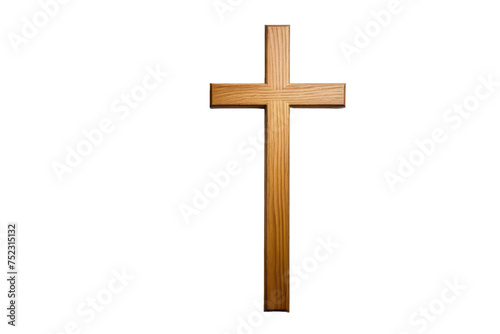 Single wooden Christian cross, isolated, stark contrast against a pure white background, high-resolution stock photo, soft shadows gently outlining its form, oak wood texture visible