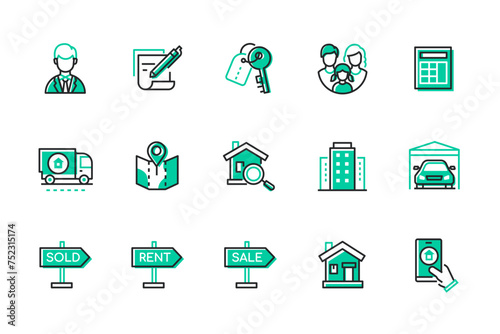 Real estate transactions - set of line design style icons isolated on white background. High quality images of signs sold, rent, sale, family move to a new house, map, realtor, keys, village and city