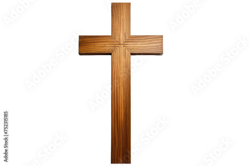 Single wooden Christian cross, isolated, stark contrast against a pure white background, high-resolution stock photo, soft shadows gently outlining its form, oak wood texture visible