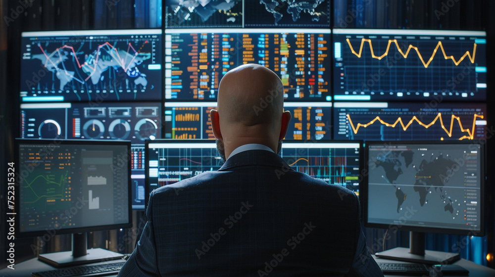 Rear view of trader sitting in front of computer monitors with stock market data,Businessman looking at stock market graphs on the monitor. Rear view of trader sitting in front of computer monitors with stock market data,Businessman looking at stock market graphs on the monitor.