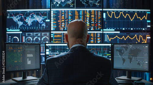 Rear view of trader sitting in front of computer monitors with stock market data,Businessman looking at stock market graphs on the monitor.