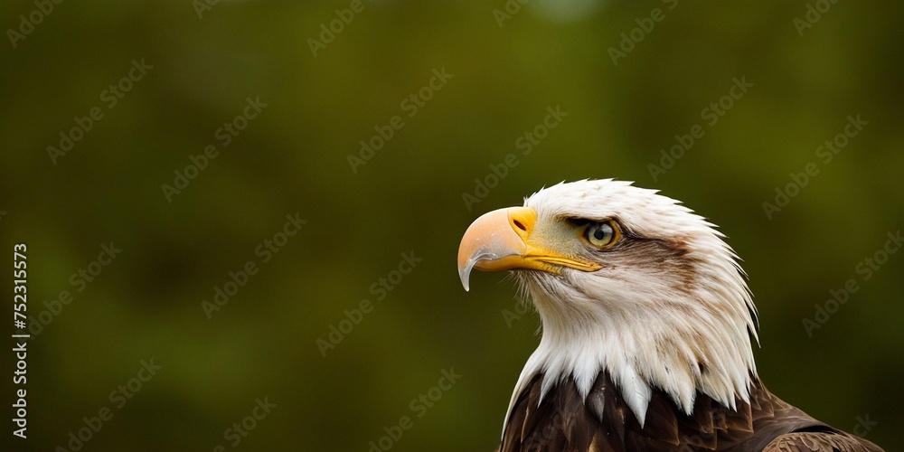 Fototapeta premium Portrait bald eagle in closeup green background.
