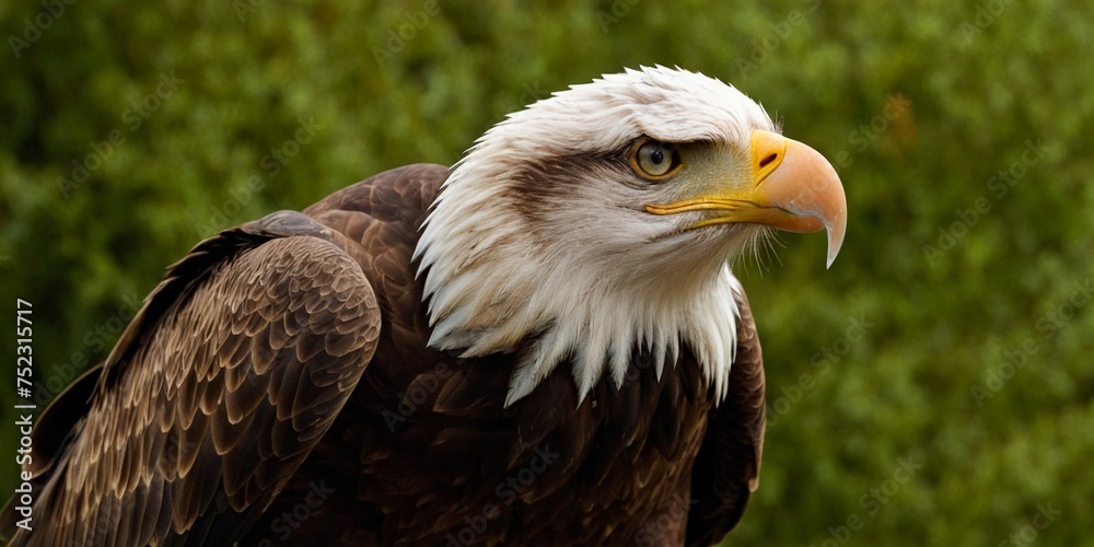 Obraz premium Portrait bald eagle in closeup green background.