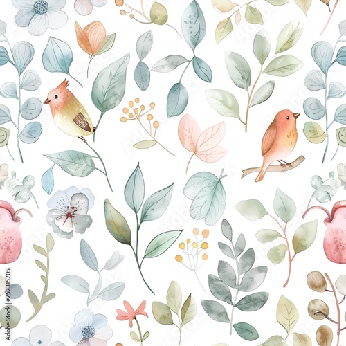 Primavera delicado patrón sin fisuras en tonos verdes con lindos pájaros y flores, patrón imprimible, impresión de primavera, flores y hojas photo