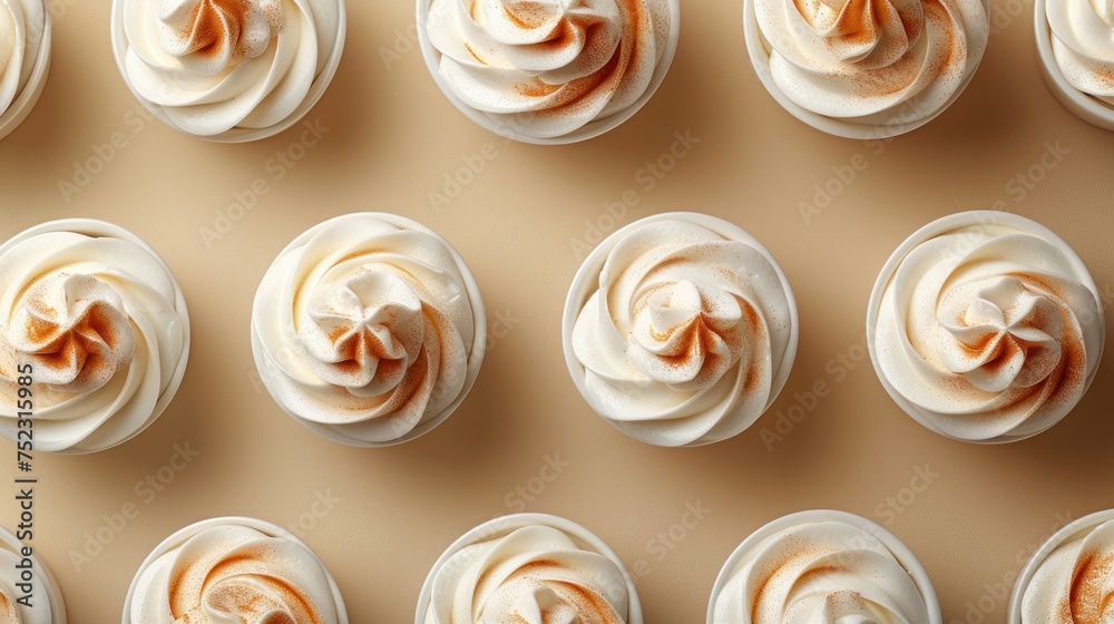 Cup of coffee and a lot of cream portions on a beige background.