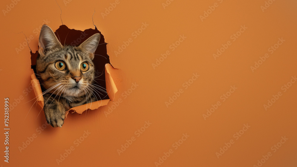A playful tabby cat with striking eyes looks through a torn yellow paper, suggesting curiosity or playfulness A playful tabby cat with striking eyes looks through a torn yellow paper, suggesting curiosity or playfulness