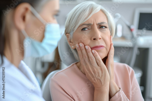 Senior woman complaining about toothache to her dentist at dentist's office