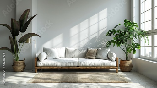 Blank picture frame on a white wall, sleek Scandinavian living room, modern sofa, AI Generative photo