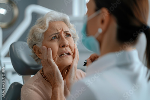 Senior woman complaining about toothache to her dentist at dentist's office photo