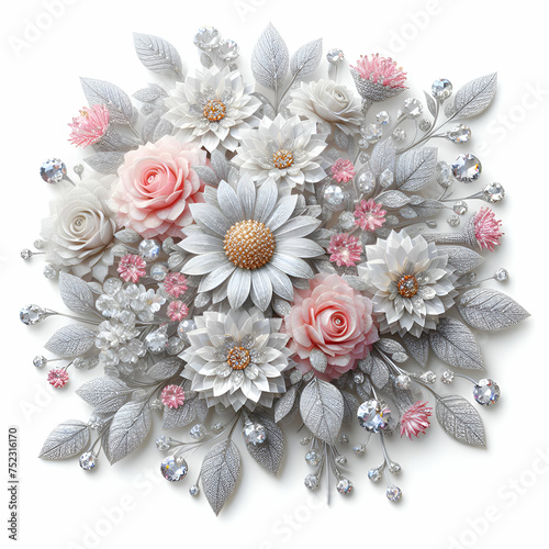 Reastic Image of a Bouquet of White and Pink Flowers, Made of Diamonds © filicci