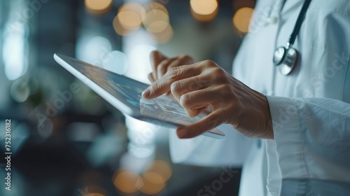 Doctor in white coat with stethoscope holding and touching on digital tablet pc.
