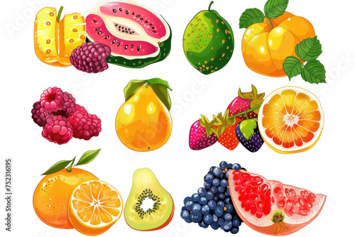 A vibrant collection of fresh fruits and vegetables including oranges  apples  lemons  pineapples  bananas  strawberries  kiwis  pears  grapes  cherries  and more  all isolated on a white background f