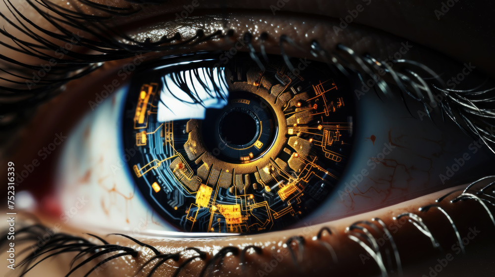 Hyperrealistic human eye close-up with microchip in the center of the eye. Sci-fi concept of cyborg eye. Generative AI