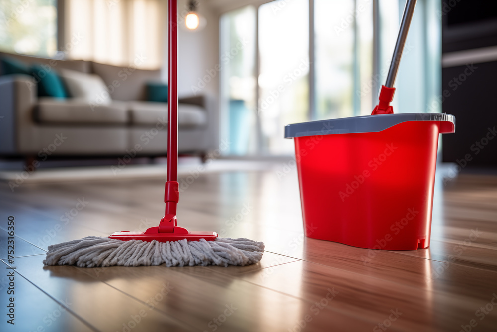 Cleaning floor concept with mop and bucket. Spring cleaning, creative background. Cleaning and sanitizing home. Eco-friendly cleaning products. - obrazy, fototapety, plakaty 