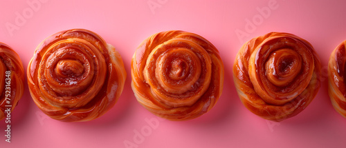 Delicious cinnamon bun on pink background
