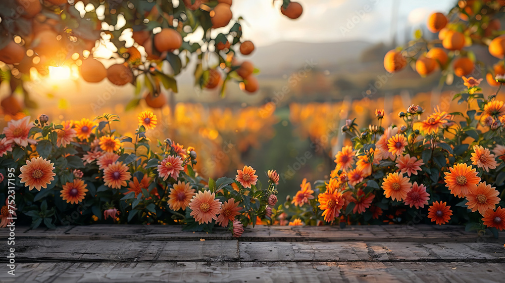 orange flowers adorn a wooden table, creating a colorful and fragrant display - obrazy, fototapety, plakaty 