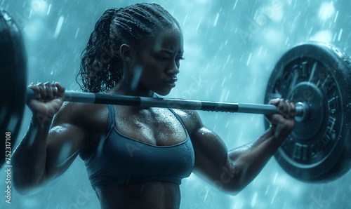 Female bodybuilder doing exercise with weight bar in heavy rain © IBEX.Media