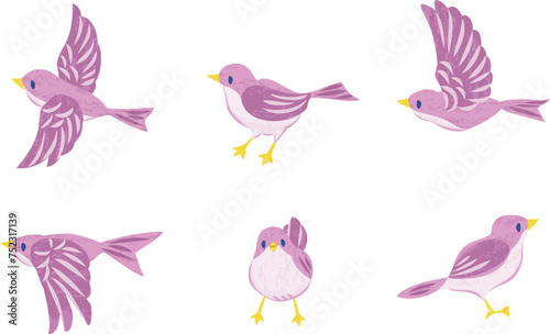 小鳥のイラストセット　紫色