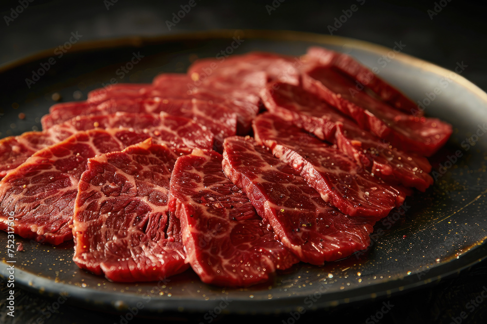 A plate of marbled beef, thinly sliced A plate of marbled beef, thinly sliced