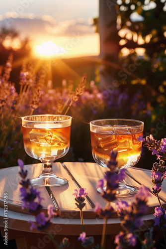 Two glasses of lemonade in a lavender garden, golden hour. Summer concept with copy space 