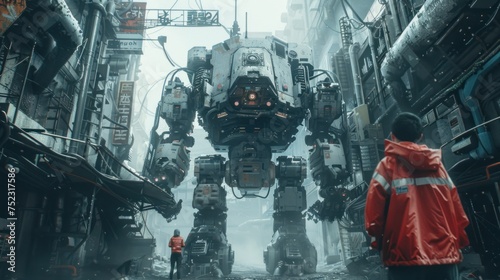 Giant mecha robot, in the futuristic city