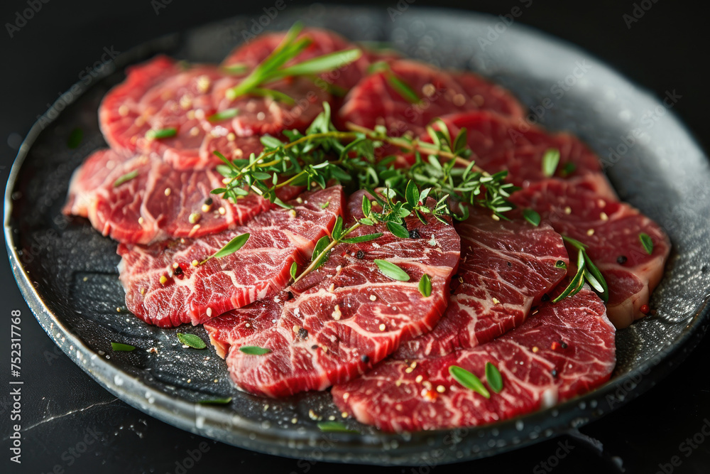 A plate of marbled beef, thinly sliced 