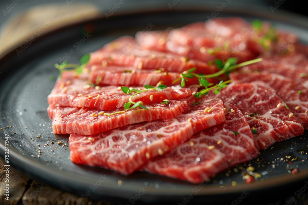 A plate of marbled beef, thinly sliced 