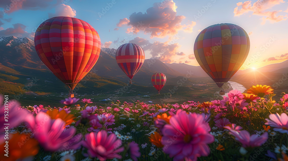Fototapeta premium A colorful array of hot air balloons gracefully drift over a vibrant field of blooming flowers, creating a mesmerizing scene of beauty and tranquility